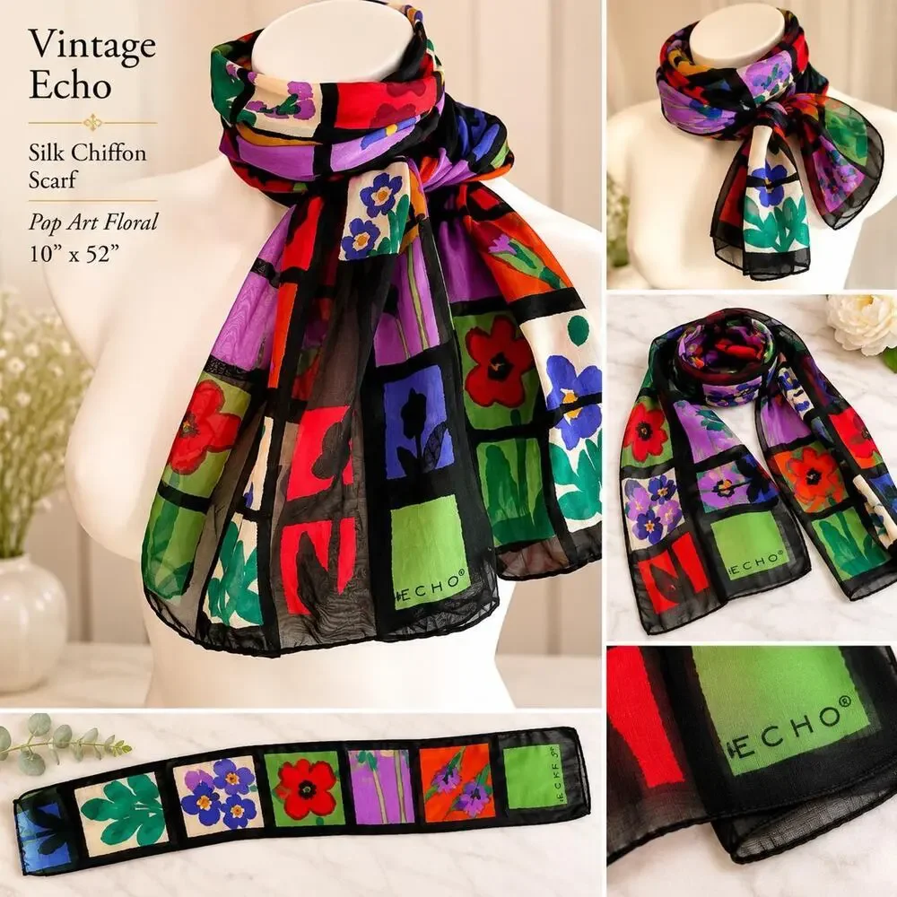 Vintage Echo Silk Chiffon Scarf 10x52 Pop Art Floral Patchwork Black Multicolor